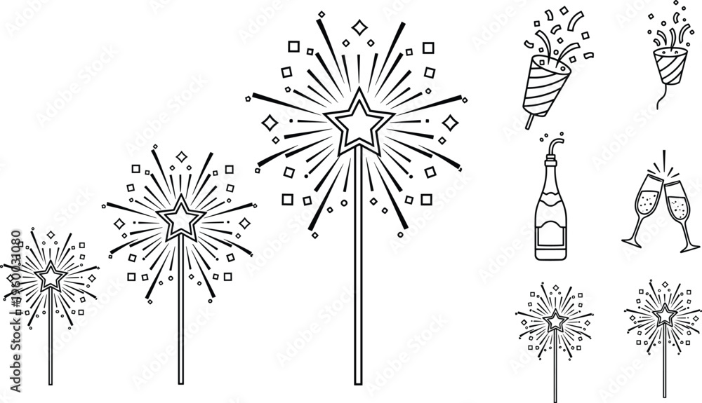 Obraz premium Hand Drawn Celebration Icon Set Featuring Fireworks Sparklers, Champagne Bottle, Party Glasses, and Festive Elements for Holiday Events and Party Design Projects.