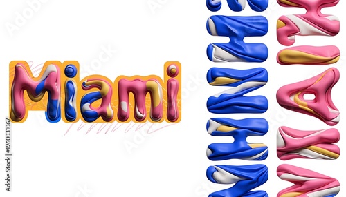 Colorful 3D text Miami with decorative letters isolated on white background for design and typography