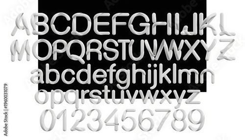 Silver 3D alphabet and numbers on black and white background  uppercase and lowercase letters and digits