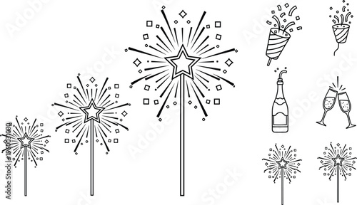 Hand Drawn Celebration Icon Set Featuring Fireworks Sparklers, Champagne Bottle, Party Glasses, and Festive Elements for Holiday Events and Party Design Projects.