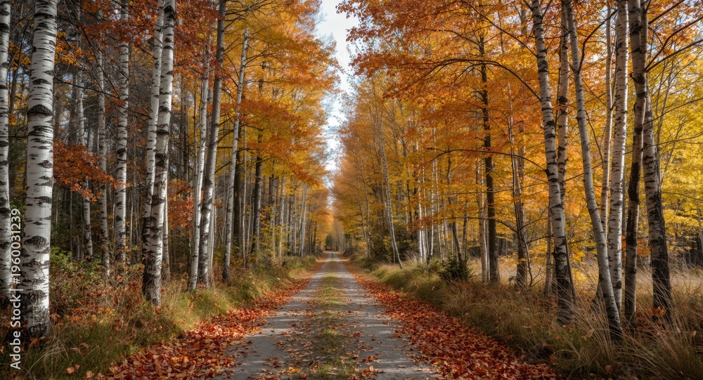 Fototapeta premium A colorful forest path lined with birch trees under a bright autumn sky