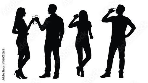 Four people standing and drinking