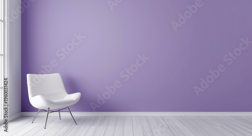 Minimalist living room interior featuring a violet blank wall and modern white chair