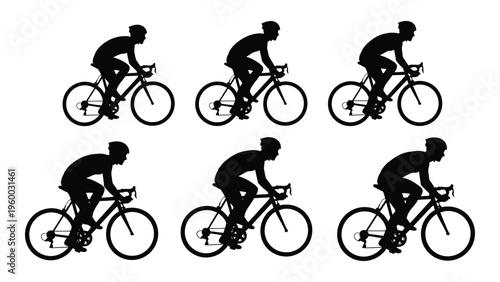 A series of cyclists riding in different positions