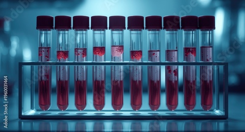 Hematology lab clinical tube rack with multiple blood specimens