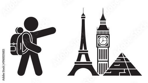 Travel Landmarks Illustration Minimalist Traveler Pointing at Eiffel Tower Big Ben Pyramids Tourism Concept Vector