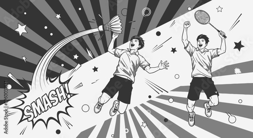 Two energetic male badminton players in action, one performing a powerful smash, the other celebrating a point, with dynamic background.