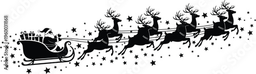 Santa Claus in sleigh with reindeer team flying across starry night sky cad drawing flat vector illustration flavector for Christmas (20 words)