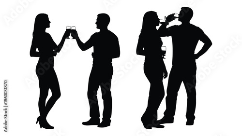 Four people standing and drinking