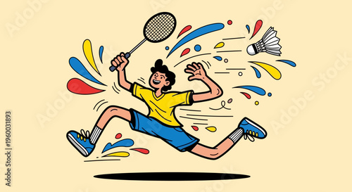 Energetic cartoon boy playing badminton with a racket and shuttlecock, surrounded by colorful splashes of movement and joy.