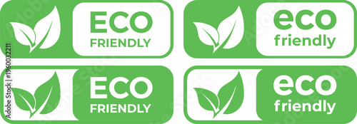 Set of Green Eco Friendly Vector Labels and Badges with Leaf Icons