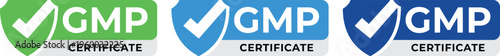 Set of Three Green and Blue GMP Certificate Shield Badges with Checkmarks Vector