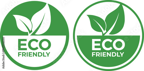 Two Green Eco Friendly Vector Labels with Leaf Icons Isolated on White Background