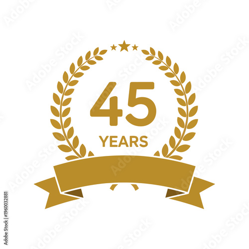 Golden 45 years anniversary emblem with laurel wreath, stars, and banner on a white background, symbolizing a significant milestone.