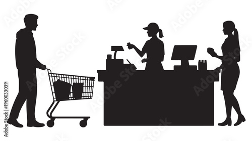 Shopping Silhouette Checkout Scene Retail Customer Cart Payment Store Illustration