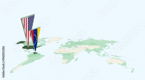 USA and Venezuela Flag Pins on World Map, Bilateral Relations and Diplomatic Concept