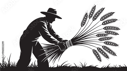 Farmer Silhouette Harvesting Wheat Agriculture Worker Rural Farming Field Illustration