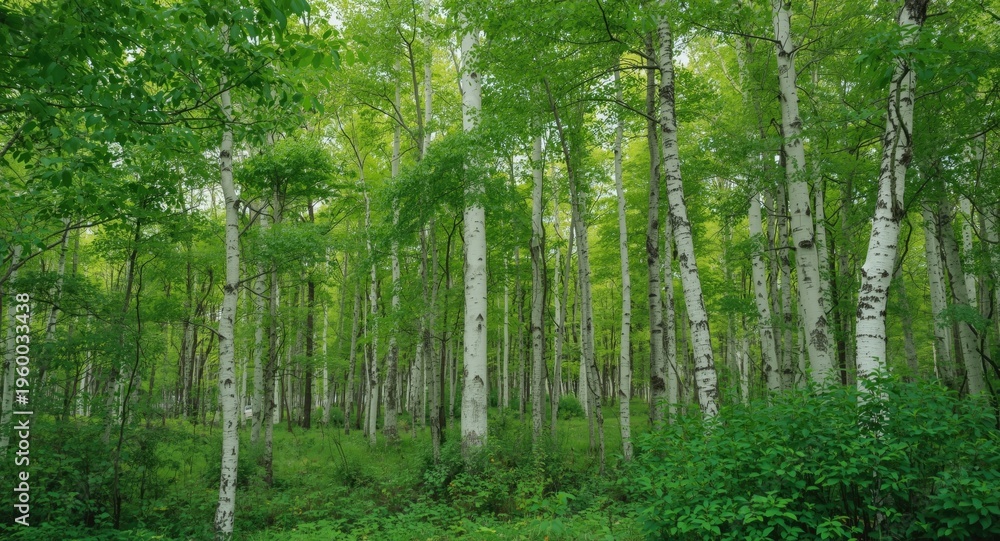 Fototapeta premium Light filled spring birch grove with vivid green leaves and natural copy space