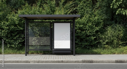 Advertising poster mockup at vacant bus stop with surrounding greenery and vertical billboard display