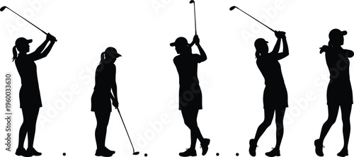 Flat vector illustration of female golfer silhouettes, golf swing poses, women playing golf, sport activity icons, golf club action, outdoor recreation set
