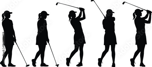 Flat vector illustration of female golf players silhouettes, golf swing poses, women playing golf, sport action icons, golf club and ball activity