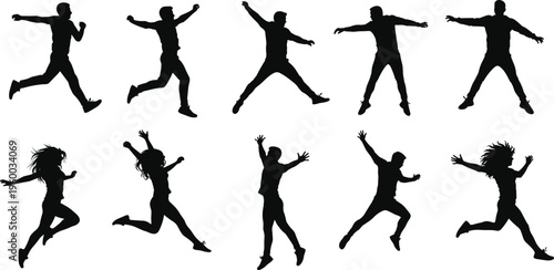 Flat vector illustration of jumping man and woman silhouettes, energetic active poses, fitness movement, joyful human figures, dynamic motion