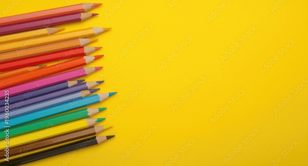 Fototapeta premium Bright colored pencils arranged on a yellow background symbolizing school reopening and promotional sales