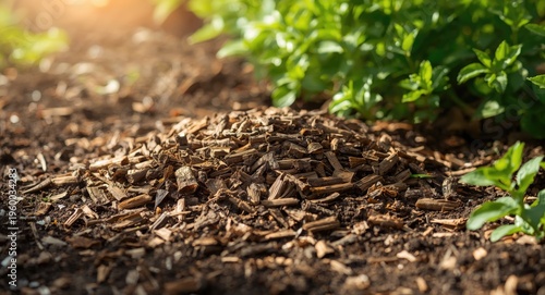 Recycled tree bark chips applied as mulch for sustainable farming soil care