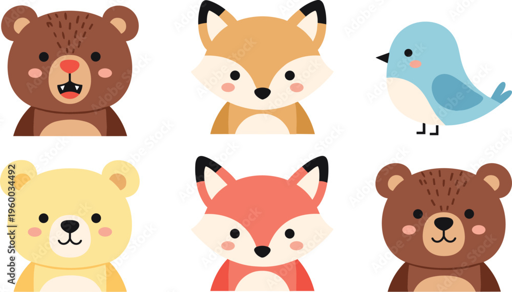 Fototapeta premium Cute Cartoon Animal Faces Set Featuring Bear, Fox, and Bird Characters in Simple Flat Style for Kids Nursery Design and Wildlife Illustration Projects.