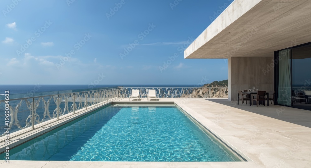 Fototapeta premium Sleek terrace area combined with a blue swimming pool and artistic concrete railings