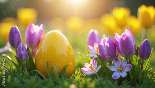 Yellow Easter egg surrounded by blooming flowers in spring sunlight  