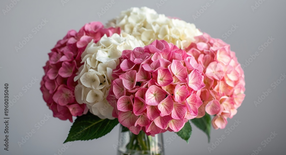 Fototapeta premium Colorful pink and white hydrangea bunch presented in a stylish glass vase
