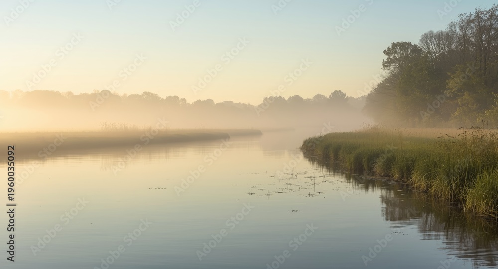 Obraz premium Quiet river stretch glowing faintly at daybreak