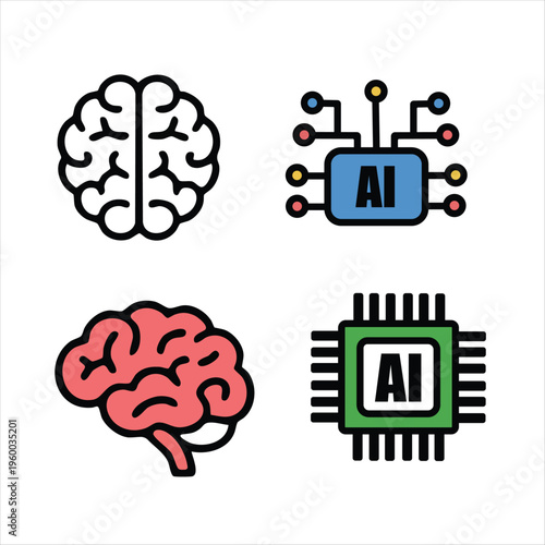 The intersection of artificial intelligence and human cognition illustrated through icons Vector