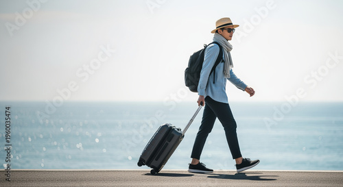 Adventurous Backpacker Stylish Young Tourist Pulling Travel Trolley Along Coastal Landscapes