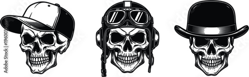 Monochrome Skull Trio with Cap Aviator Helmet and Bowler Hat Illustration