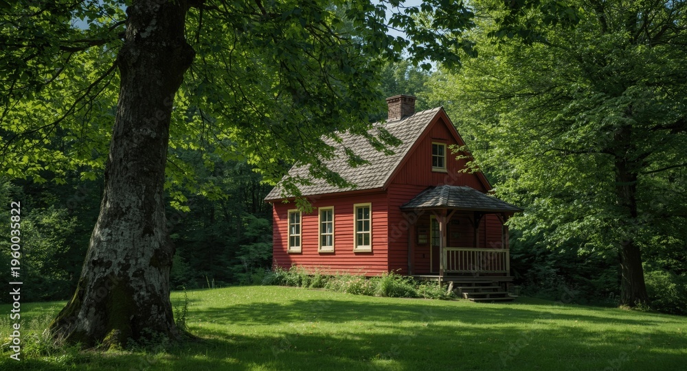 Fototapeta premium Picturesque red cottage placed in the heart of a verdant tree landscape