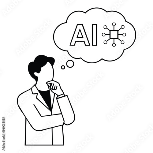 Thoughtful individual contemplating artificial intelligence concepts. Vector