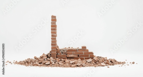 Partial brick wall destruction with scattered rubble pile on white backdrop
