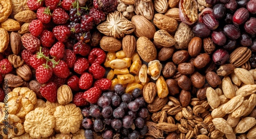 Assortment of dried fruits and nuts with copyspace for text