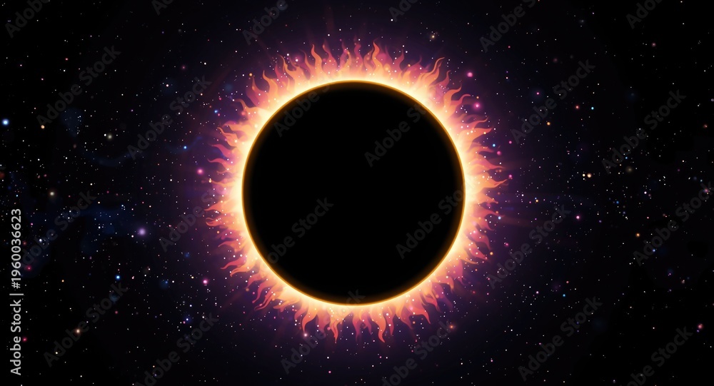 Fototapeta premium Shimmering colorful glow encircling a solar eclipse in 3D cartoon design with a starry cosmic backdrop