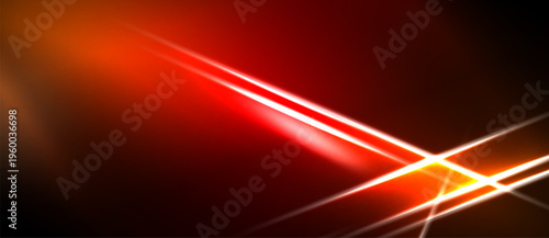 Abstract red light streaks intersect. Bright glow emanates from central point, dark background dominates composition. Dramatic visual effect.