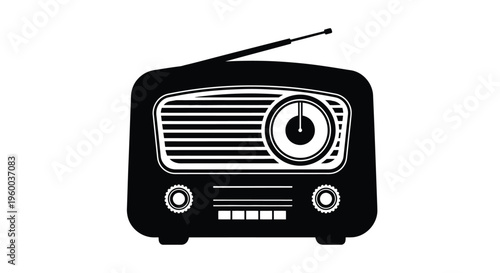 Vintage radio illustration in black and white featuring antenna and dial