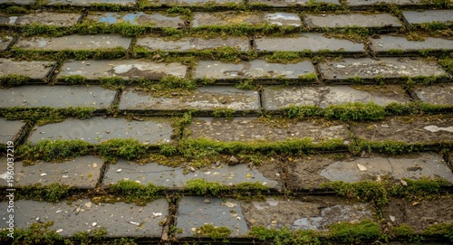 Industrial asbestos slate roof tiles aged and covered with natural moss and lichen growth