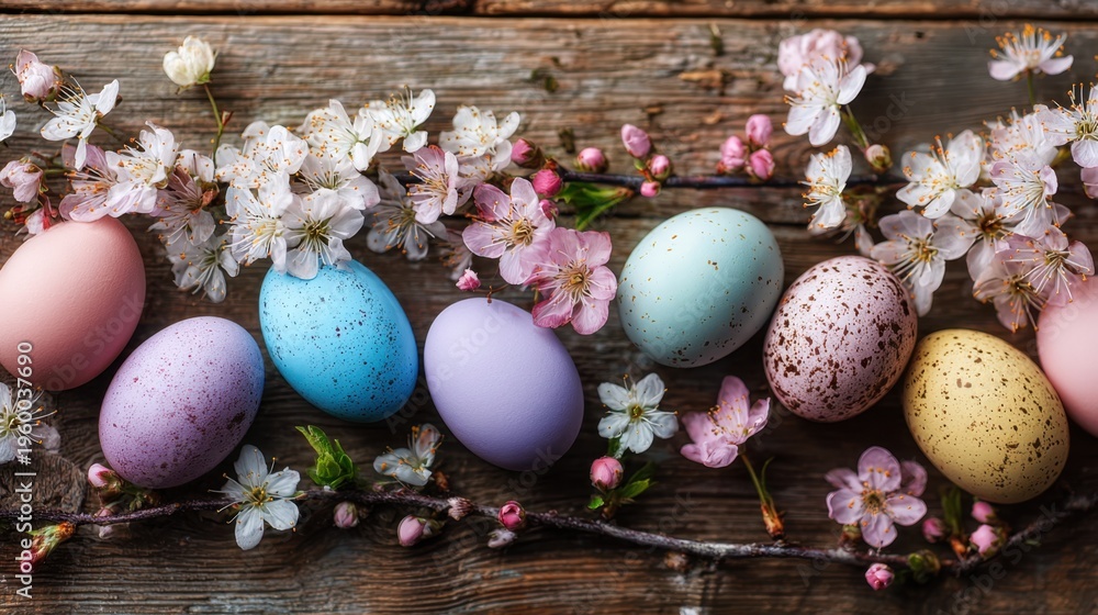 Obraz premium Speckled pastel eggs displayed with cherry blossoms on wood