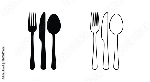 Black and white outline illustration of cutlery forks knives and spoons