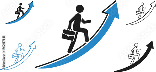 Businessman climbing arrow icon set, career growth success vector illustration