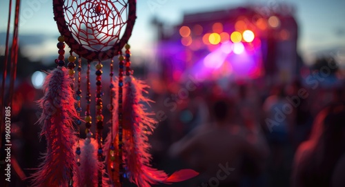 Vivid beads and feathers adorn dreamcatcher at spirited outdoor music celebration
