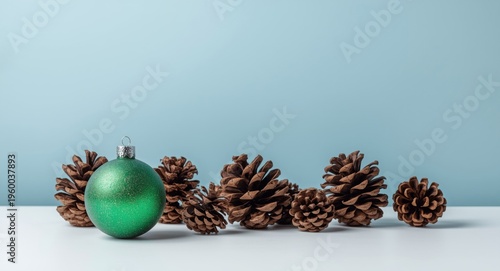 Holiday pinecones and green bauble displayed on white table with light blue background suitable for copy space