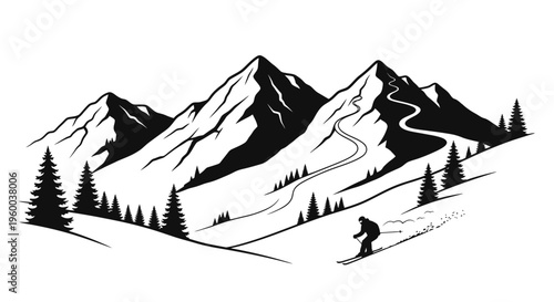A lone skier traverses a snowy mountain landscape in a black and white scene